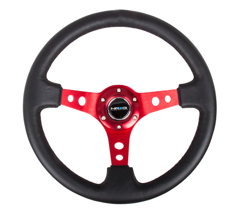 NRG Reinforced Steering Wheel Blk Leather w/Red Circle Cutout