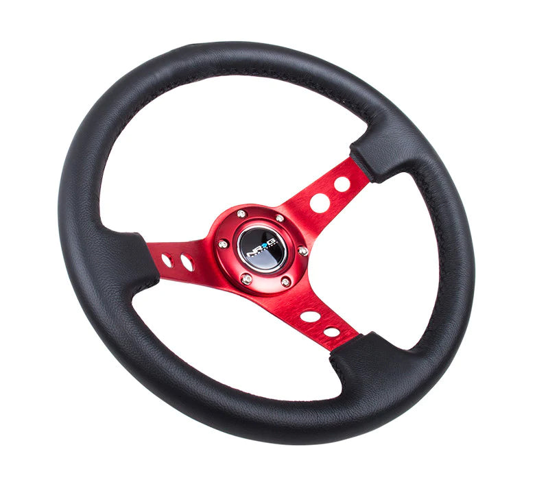 NRG Reinforced Steering Wheel Blk Leather w/Red Circle Cutout